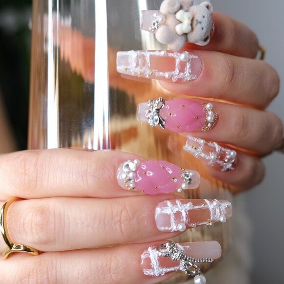 tipsy | Handmade Press On Nails | Long Coffin| 3D Nail | Crochet | Beary Pearly - Picture 1 of 16